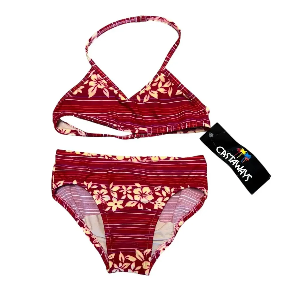 Castaways Girls Pink Hawaiian Floral Print Bikini Size Medium